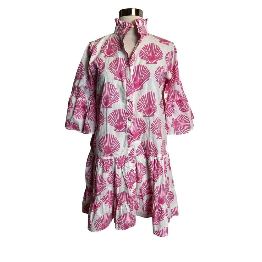 Bohemian Gemme Dress S Pink Seashell Print Button Front Drop Waist